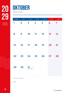 Mesečni koledar za oktober 2029, rdeči trak, z dnevi od ponedeljka do nedelje.
