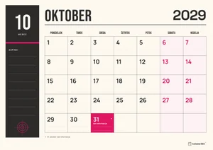 Mesečni koledar za oktober 2029, tiskarska izdaja, z dnevi od ponedeljka do nedelje.