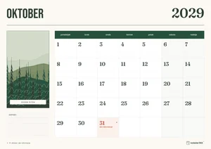 Mesečni koledar za oktober 2029, gozdni ritem, z dnevi od ponedeljka do nedelje.
