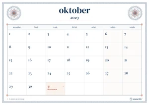 Mesečni koledar za oktober 2029, čipkasti rob, z dnevi od ponedeljka do nedelje.