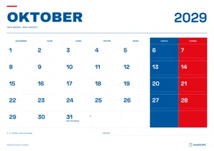 Mesečni koledar za oktober 2029, slovenski ritem, z dnevi od ponedeljka do nedelje.