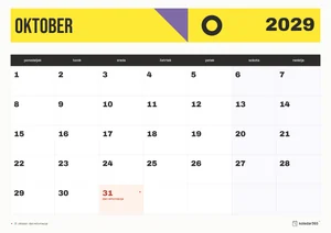 Mesečni koledar za oktober 2029, konstrukt, z dnevi od ponedeljka do nedelje.