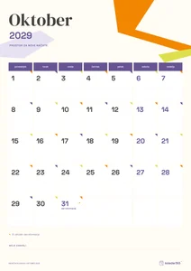 Mesečni koledar za oktober 2029, papirnati koledar, z dnevi od ponedeljka do nedelje.
