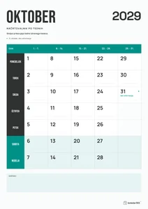 Mesečni koledar za oktober 2029, načrtovalnik po tednih, z dnevi od ponedeljka do nedelje.