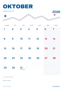 Mesečni koledar za oktober 2029, alpska linija, z dnevi od ponedeljka do nedelje.