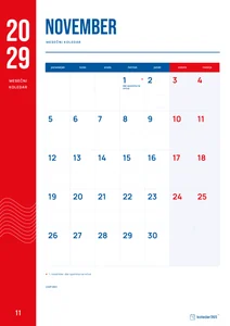 Mesečni koledar za november 2029, rdeči trak, z dnevi od ponedeljka do nedelje.