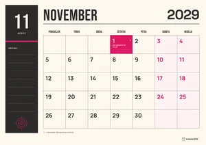 Mesečni koledar za november 2029, tiskarska izdaja, z dnevi od ponedeljka do nedelje.
