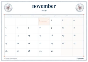 Mesečni koledar za november 2029, čipkasti rob, z dnevi od ponedeljka do nedelje.