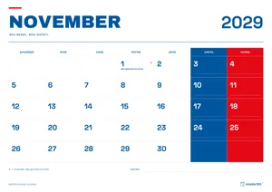 Mesečni koledar za november 2029, slovenski ritem, z dnevi od ponedeljka do nedelje.
