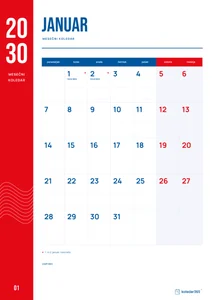 Mesečni koledar za januar 2030, rdeči trak, z dnevi od ponedeljka do nedelje.
