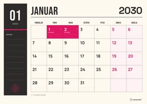 Mesečni koledar za januar 2030, tiskarska izdaja, z dnevi od ponedeljka do nedelje.