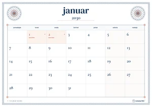 Mesečni koledar za januar 2030, čipkasti rob, z dnevi od ponedeljka do nedelje.
