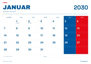 Mesečni koledar za januar 2030, slovenski ritem, z dnevi od ponedeljka do nedelje.