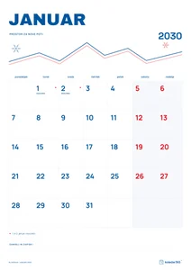 Mesečni koledar za januar 2030, alpska linija, z dnevi od ponedeljka do nedelje.