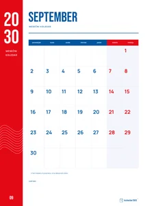 Mesečni koledar za september 2030, rdeči trak, z dnevi od ponedeljka do nedelje.