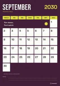 Mesečni koledar za september 2030, praznična izdaja, z dnevi od ponedeljka do nedelje.