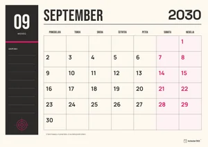 Mesečni koledar za september 2030, tiskarska izdaja, z dnevi od ponedeljka do nedelje.