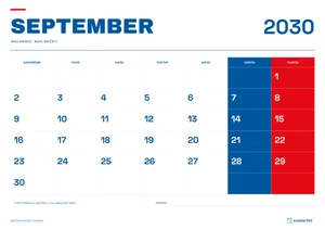 Mesečni koledar za september 2030, slovenski ritem, z dnevi od ponedeljka do nedelje.