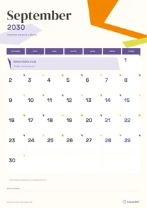 Mesečni koledar za september 2030, papirnati koledar, z dnevi od ponedeljka do nedelje.