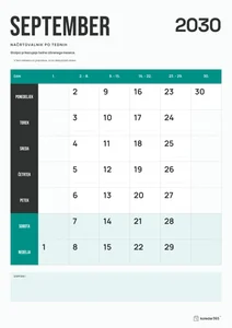 Mesečni koledar za september 2030, načrtovalnik po tednih, z dnevi od ponedeljka do nedelje.