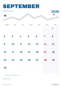Mesečni koledar za september 2030, alpska linija, z dnevi od ponedeljka do nedelje.