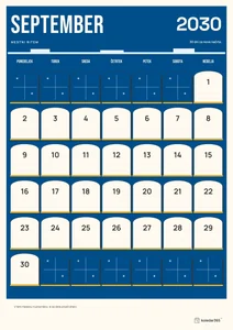 Mesečni koledar za september 2030, mestni ritem, z dnevi od ponedeljka do nedelje.