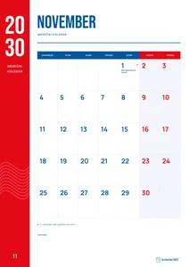 Mesečni koledar za november 2030, rdeči trak, z dnevi od ponedeljka do nedelje.