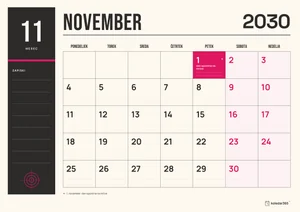 Mesečni koledar za november 2030, tiskarska izdaja, z dnevi od ponedeljka do nedelje.