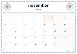 Mesečni koledar za november 2030, čipkasti rob, z dnevi od ponedeljka do nedelje.