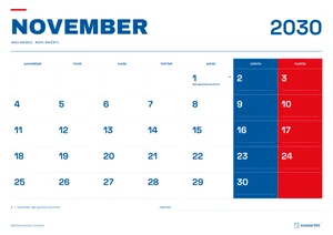Mesečni koledar za november 2030, slovenski ritem, z dnevi od ponedeljka do nedelje.