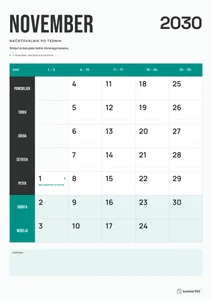 Mesečni koledar za november 2030, načrtovalnik po tednih, z dnevi od ponedeljka do nedelje.