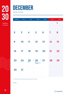 Mesečni koledar za december 2030, rdeči trak, z dnevi od ponedeljka do nedelje.