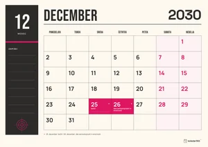 Mesečni koledar za december 2030, tiskarska izdaja, z dnevi od ponedeljka do nedelje.