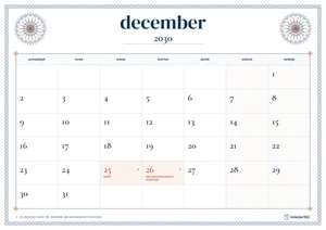 Mesečni koledar za december 2030, čipkasti rob, z dnevi od ponedeljka do nedelje.