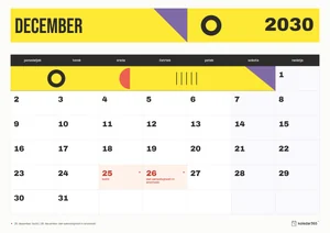 Mesečni koledar za december 2030, konstrukt, z dnevi od ponedeljka do nedelje.