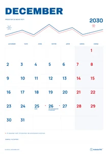 Mesečni koledar za december 2030, alpska linija, z dnevi od ponedeljka do nedelje.