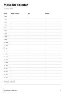 Koledar za november 2030 – Operativni list, predogled prve strani