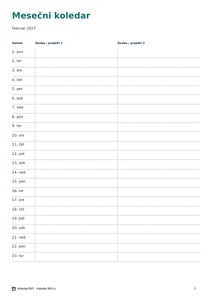 Koledar za februar 2027 – Skupni načrt, predogled prve strani