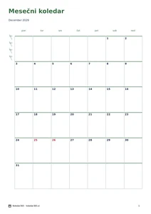 Koledar za december 2029 – Botanični rob, predogled prve strani