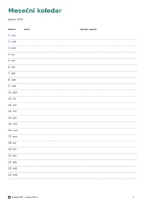 Koledar za januar 2028 – Časovna os, predogled prve strani