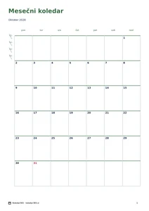 Koledar za oktober 2028 – Botanični rob, predogled prve strani
