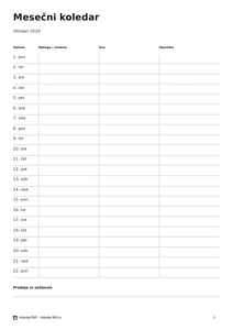 Koledar za oktober 2029 – Operativni list, predogled prve strani