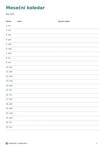 Koledar za maj 2029 – Časovna os, predogled prve strani