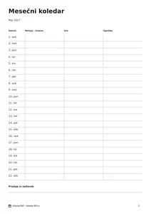Koledar za maj 2027 – Operativni list, predogled prve strani
