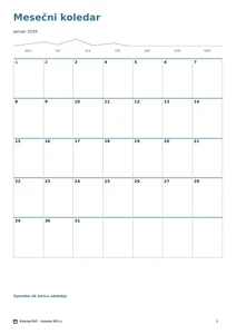 Koledar za januar 2029 – Alpski horizont, predogled prve strani