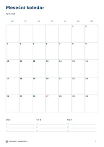 Koledar za april 2028 – Cilji in čas, predogled prve strani