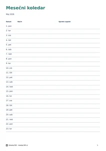 Koledar za maj 2028 – Časovna os, predogled prve strani
