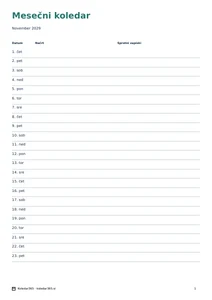 Koledar za november 2029 – Časovna os, predogled prve strani